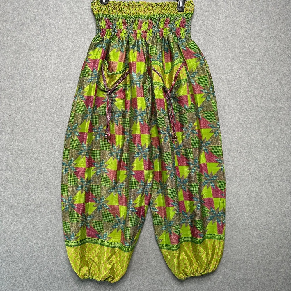 Wevez Fashion Clothing Silk Blend Harem Pants Green Pink Geometric‎ One Size